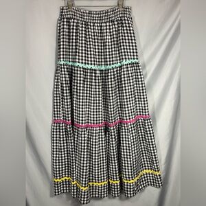 Crown & Ivy Maxi Long Skirt Large Cotton Black Gingham Tiered Smocked Waist Sz L